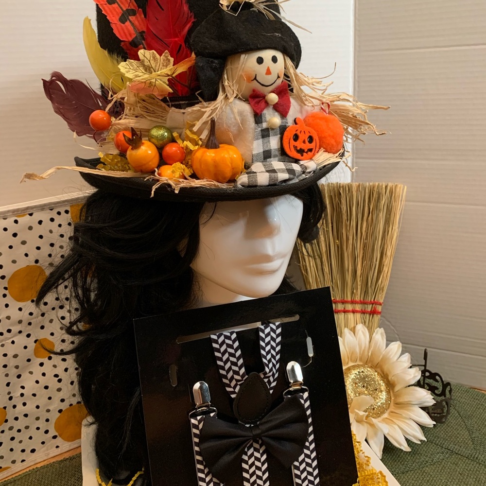 Scarecrow tophat with suspenders & bowtie costume